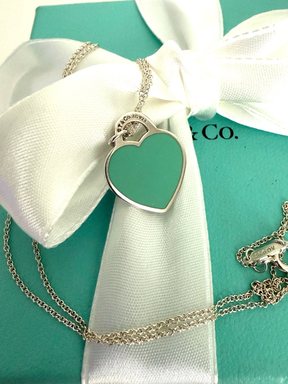 T&Co. Return To Tiffany Small Heart Tag Necklace Pendant Blue Enamel - 18”
